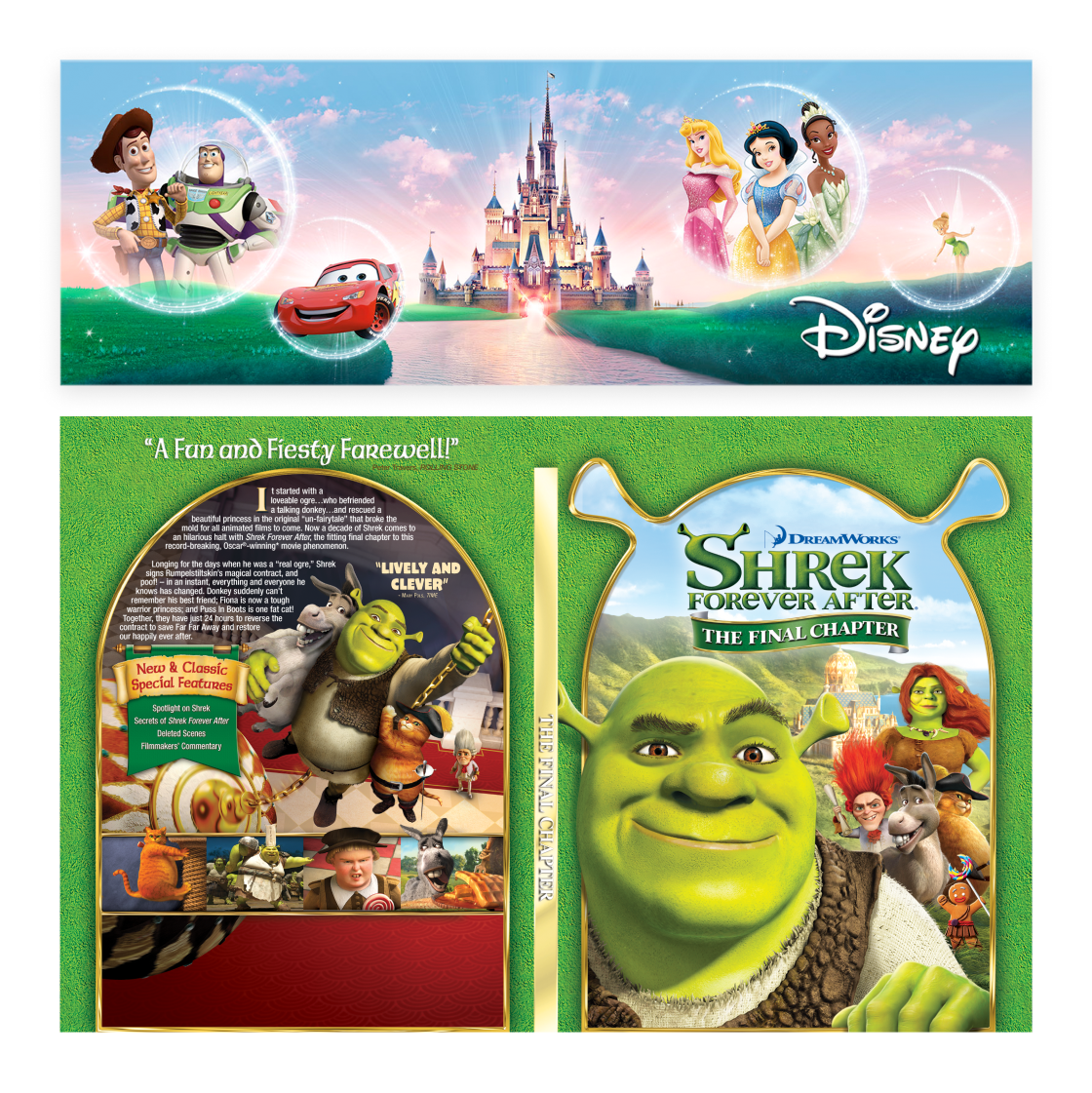 Disney and Shrek Forever After packaging art.