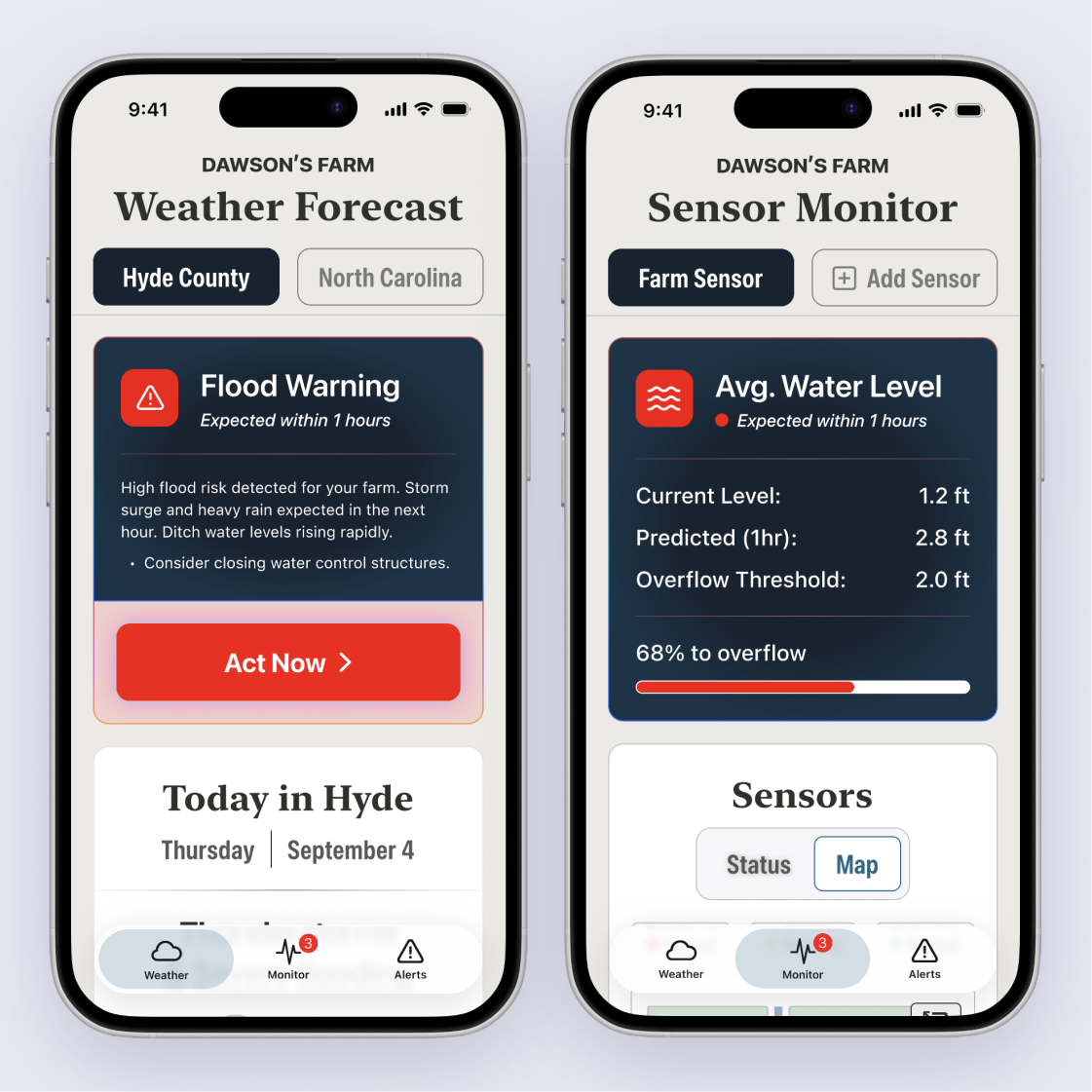 Dawson's Farm mobile weather forecast and sensor monitor app screens.