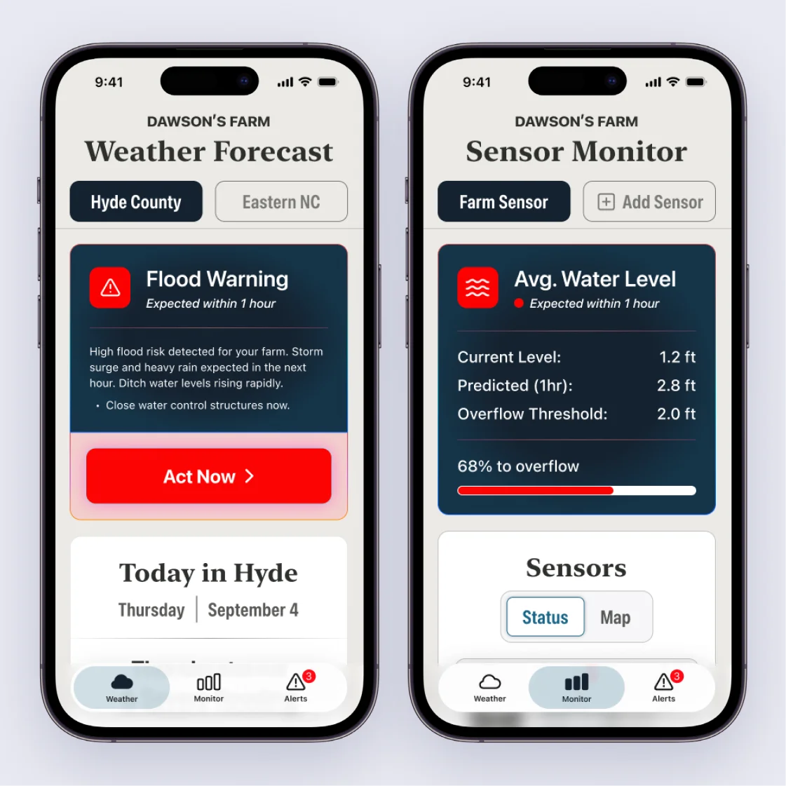 Dawson's Farm mobile weather forecast and sensor monitor app screens.